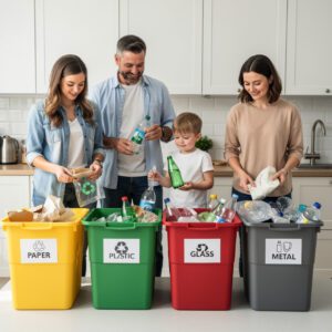 Família realizando coleta seletiva e separando resíduos recicláveis em casa.