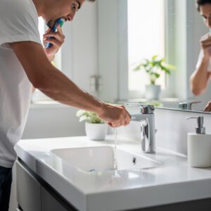 Pessoa economizando água ao fechar a torneira durante a higiene pessoal.