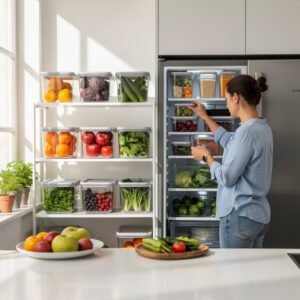 Pessoa organizando alimentos na cozinha para evitar desperdício alimentar.