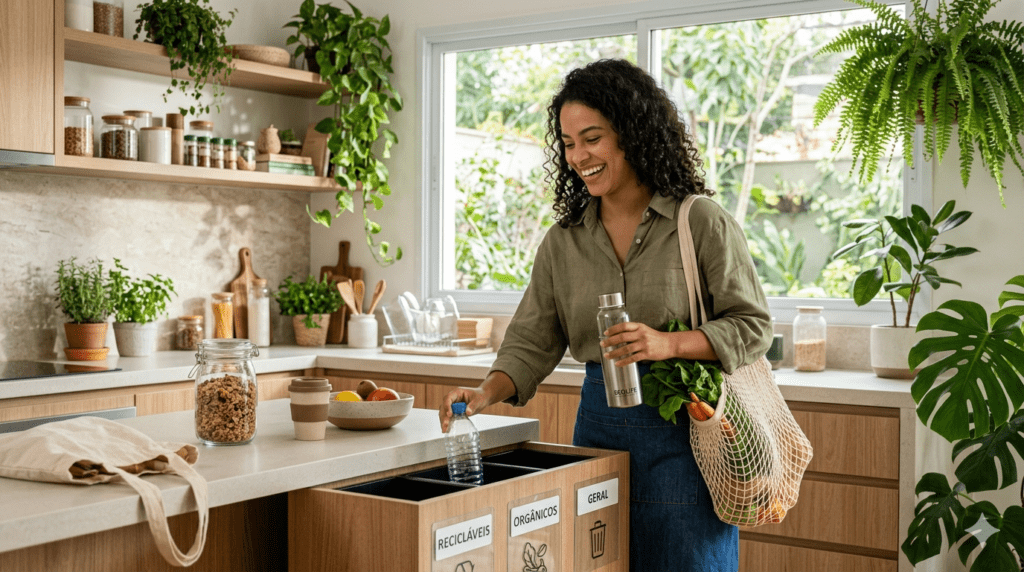 Pessoa praticando hábitos sustentáveis em casa utilizando ecobag, garrafa reutilizável e coleta seletiva.